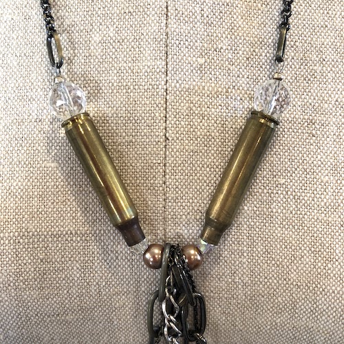.223 ammo casings wire wrapped with glass pearls and crystals, multiple chains