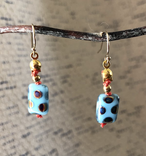 Blue Czech dotted glass with coral silk, gold-filled hooks