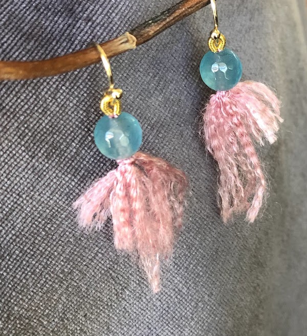 Tropical blue, faceted jade beads, hand knotted on light rose silk and finished with GF, (gold filled), earring hooks.