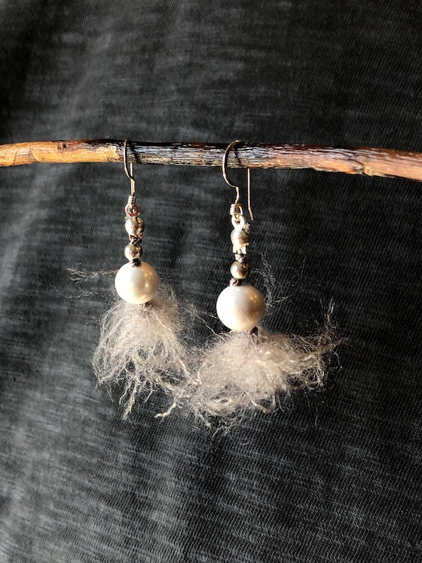 Handmade, gorgeous, white pearl and gray silk earrings.